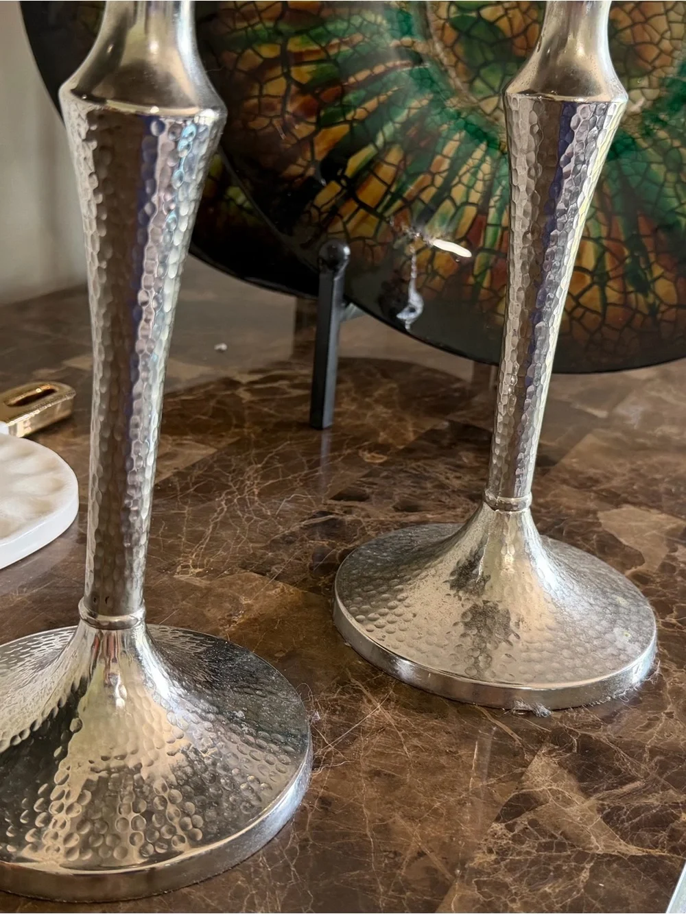 Silver Hammered Metal Hurricane Candle Holders with Cream Pillar Candles - Pair